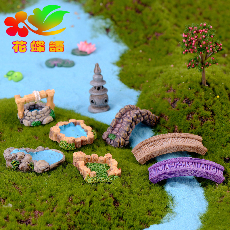 Micro Landscape Retro Antique Resin Scene Ornaments West Lake Lighthouse Water Well Pool Small Bridge Flowing Water Grassland