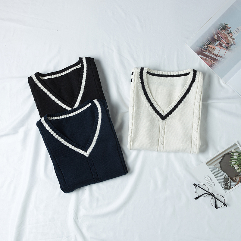 Spot College British Style JK Uniform V-Neck Men's and Women's Twist Inter-Color Vest School Uniform Sweater Vest Knitted Sweater