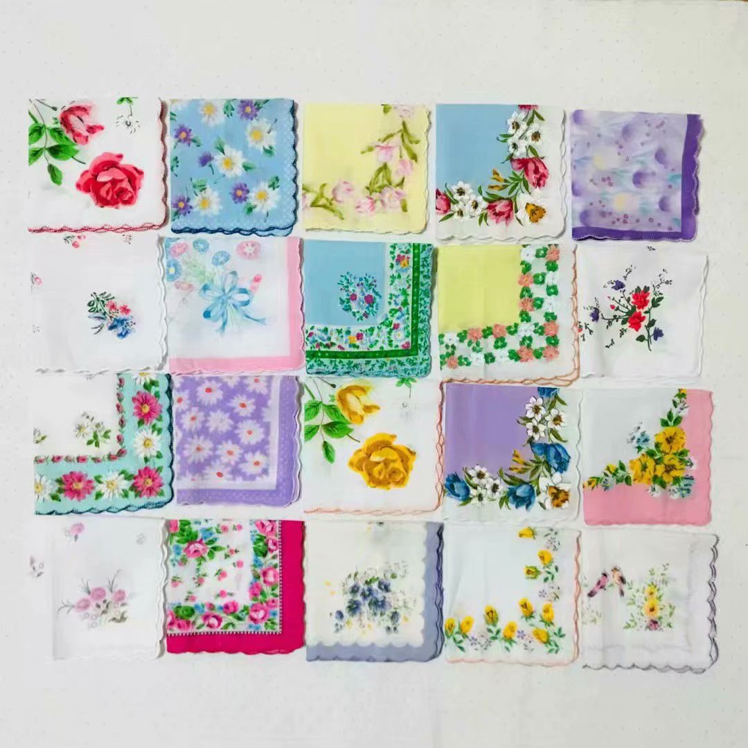 Hot sale classic cotton small fresh color printed small floral handkerchief tooth edge handkerchief multi-style optional wholesale