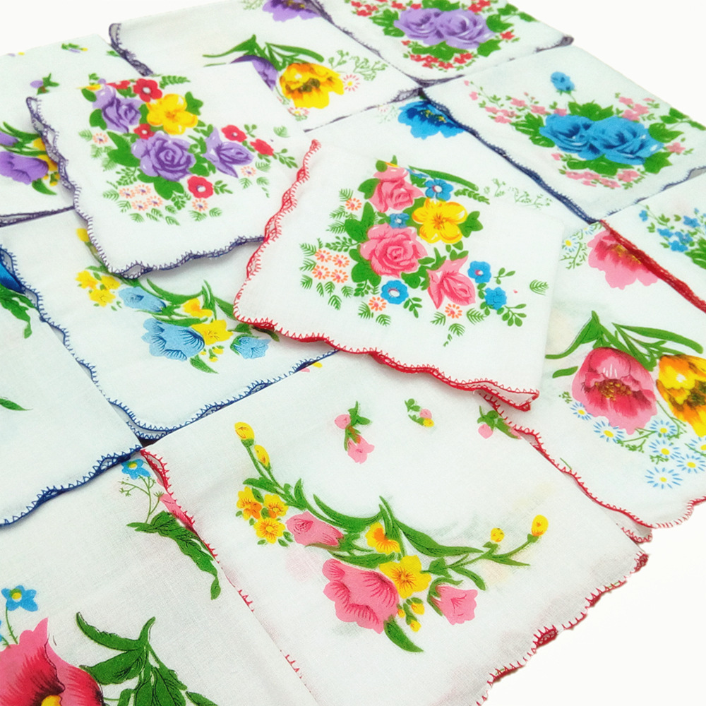 Women's crescent edge printing handkerchief white cotton handkerchief five flower mixed 28cm small handkerchief flower