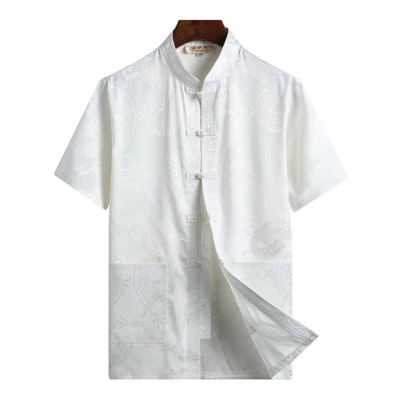 Summer Chinese Style Tang Suit Men's Jacquard Short-sleeved Shirt Middle-aged and Elderly Hanfu Silk Ethnic Costume Chinese-style Buckle