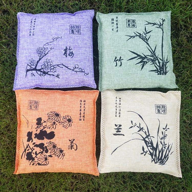 Linen Bamboo Charcoal Bag 500g Car Decoration Deodorization Formaldehyde Removal Activated Carbon Bag Factory Plum Orchid Bamboo Chrysanthemum Bamboo Carbon Bag