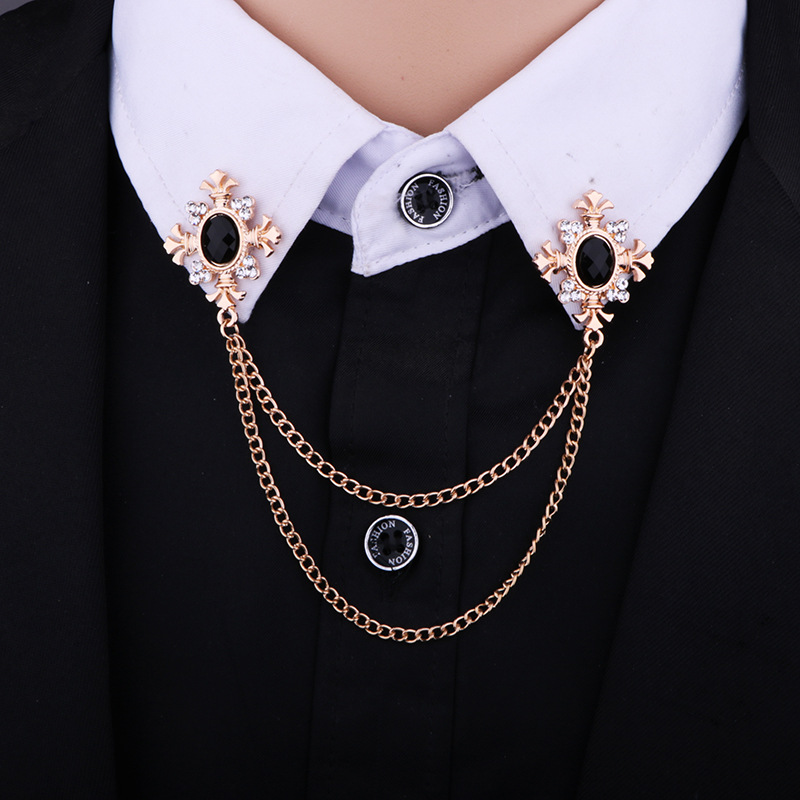 European and American Tassel Rhinestone Cross Collar Chain Men's Corsage Women's Shirt Collar Accessories Brooch Personalized Collar Pin
