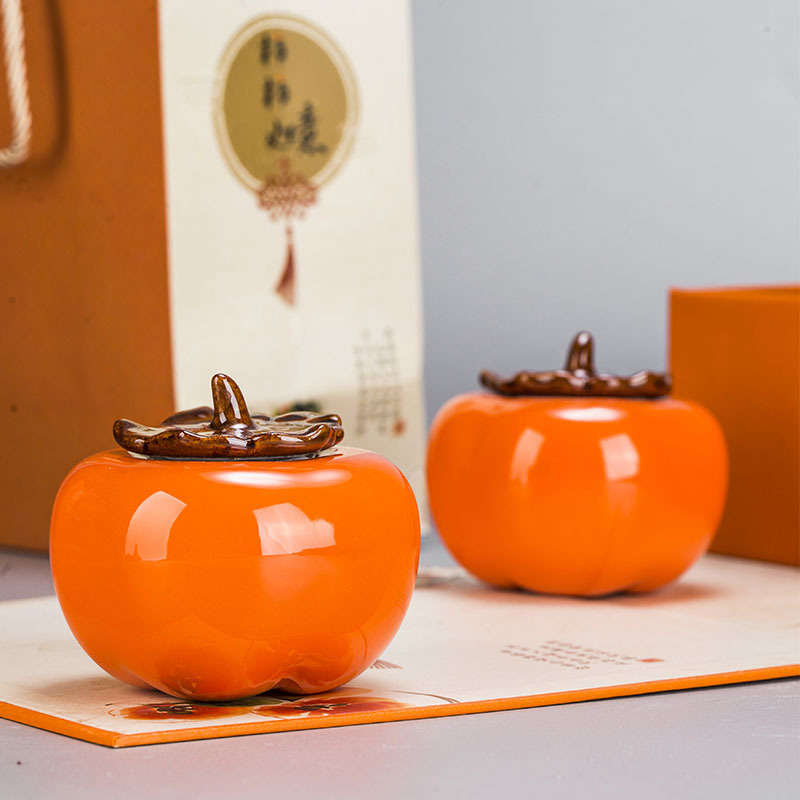 Persimmon ceramic sealed jar tea pot tea pot gift box suit gift decoration hand gift candy candy jar