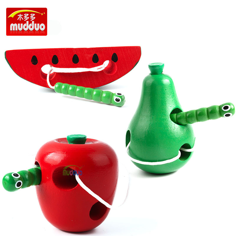Factory direct insects eat fruit apple pear watermelon children's threading wooden toys mixed batch