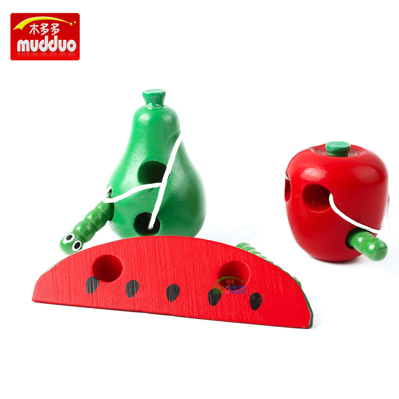 Factory direct insects eat fruit apple pear watermelon children's threading wooden toys mixed batch