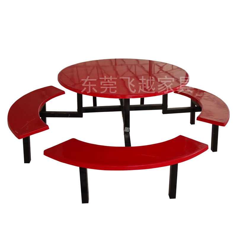 Fiberglass Round Table Staff Canteen Dining Table Unit Factory School Cafeteria Dining Table with Integrated Round Curved Stools for 8 People
