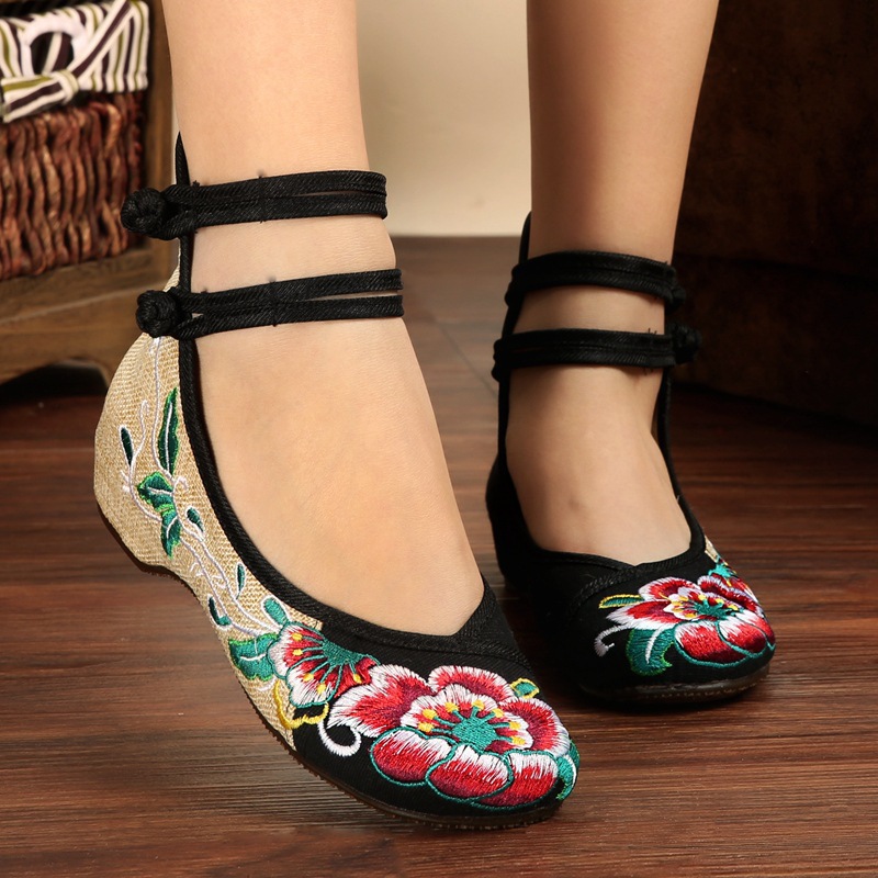 Embroidered Shoes, Wedge Heels, Ethnic Style, Old Beijing Cloth Shoes, Embroidered Retro Square Dance Shoes, Support, Casual and Versatile