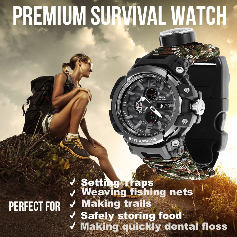 Wilderness Survival Outdoor Mountain Climbing Travel Depth Waterproof Watch Multifunctional LED Light Umbrella Rope Watch