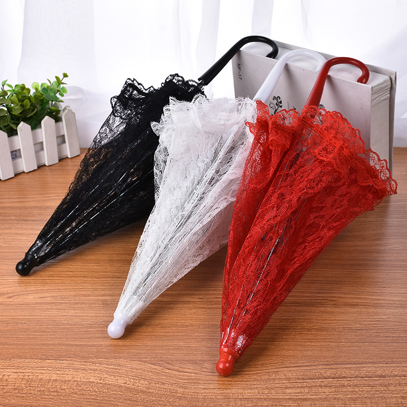 European and American White Wedding Flower Girl Decorative Umbrella Small Lace Umbrella Wedding Stainless Steel Long Handle Umbrella Wedding Supplies Wholesale