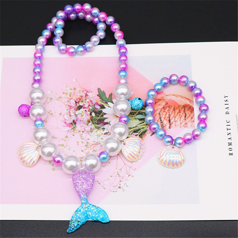 Children's Necklace Mermaid Tail Girls Pearl Necklace Bracelet Ring Earrings Set Girls Baby Accessories Wholesale