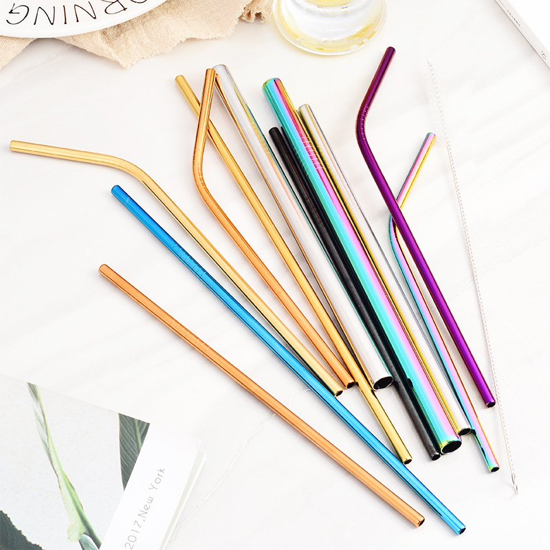 304 stainless steel straw set creative coffee milk tea drink straw titanium plated metal straight bending straw wholesale