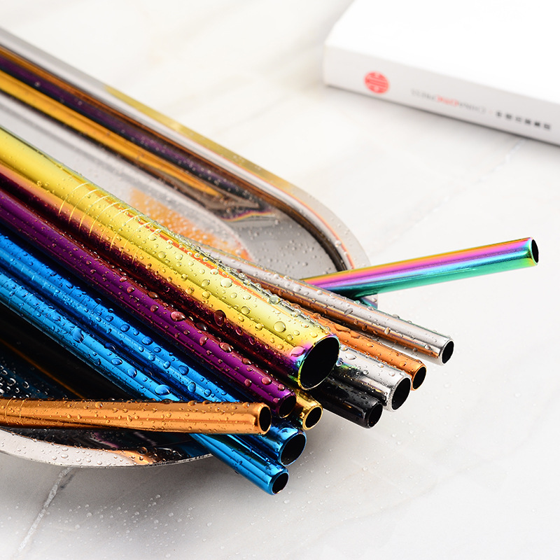 304 stainless steel straw set creative coffee milk tea drink straw titanium plated metal straight bending straw wholesale