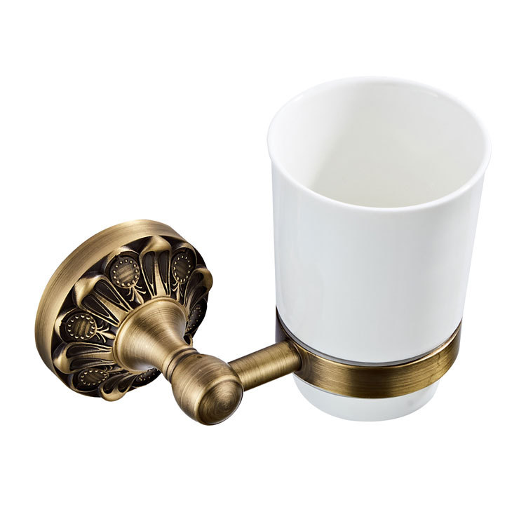 Ou Bei Sanitary Ware Factory Wholesale Antique Bronze Embossed Round Chassis Ceramic Cup Gargle Cup Single Cup Holder Bathroom Hardware