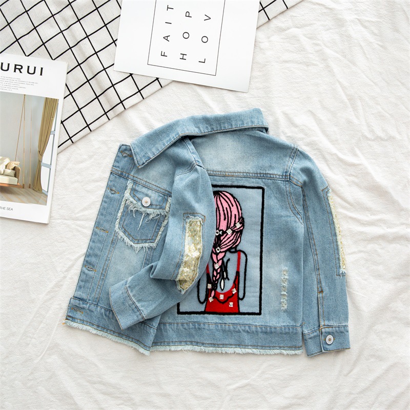 Children's Clothing Rhinestone Girls' Sequins Broken Hole Clothes Children's Denim Clothes Beauty Figure Girl's Jacket Denim Jacket