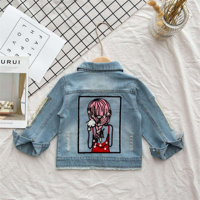 Children's Clothing Rhinestone Girls' Sequins Broken Hole Clothes Children's Denim Clothes Beauty Figure Girl's Jacket Denim Jacket