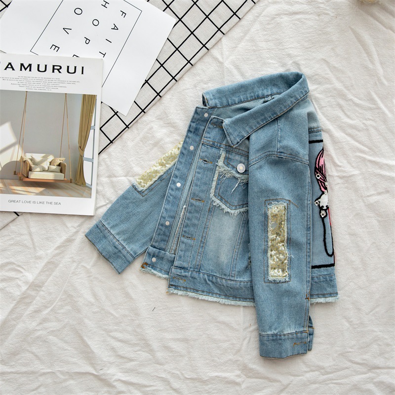 Children's Clothing Rhinestone Girls' Sequins Broken Hole Clothes Children's Denim Clothes Beauty Figure Girl's Jacket Denim Jacket