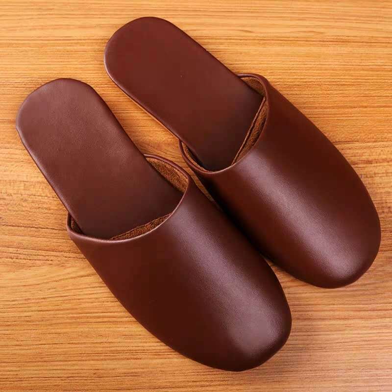 Leather slippers high-end LOGO customizable spring and autumn closed toe tendon bottom home slippers Club hotel slippers manufacturer