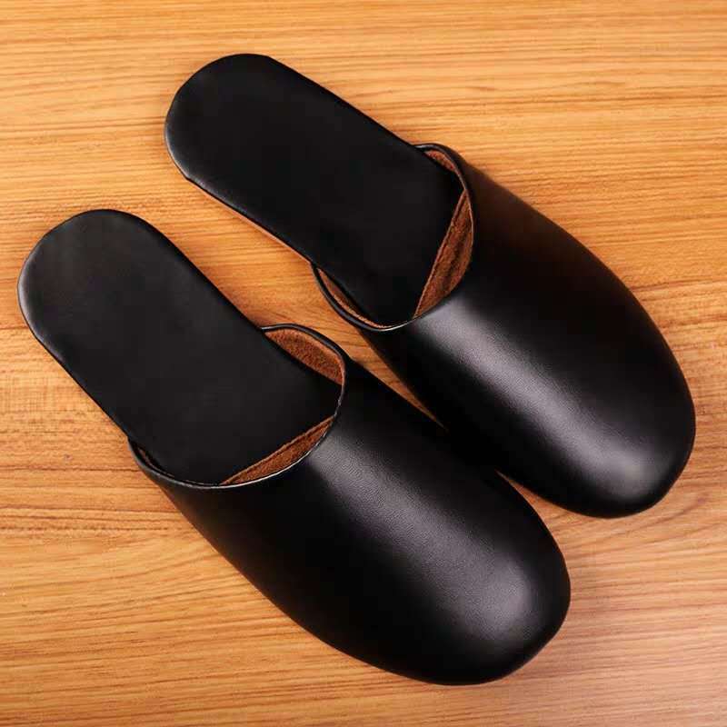 Leather slippers high-end LOGO customizable spring and autumn closed toe tendon bottom home slippers Club hotel slippers manufacturer