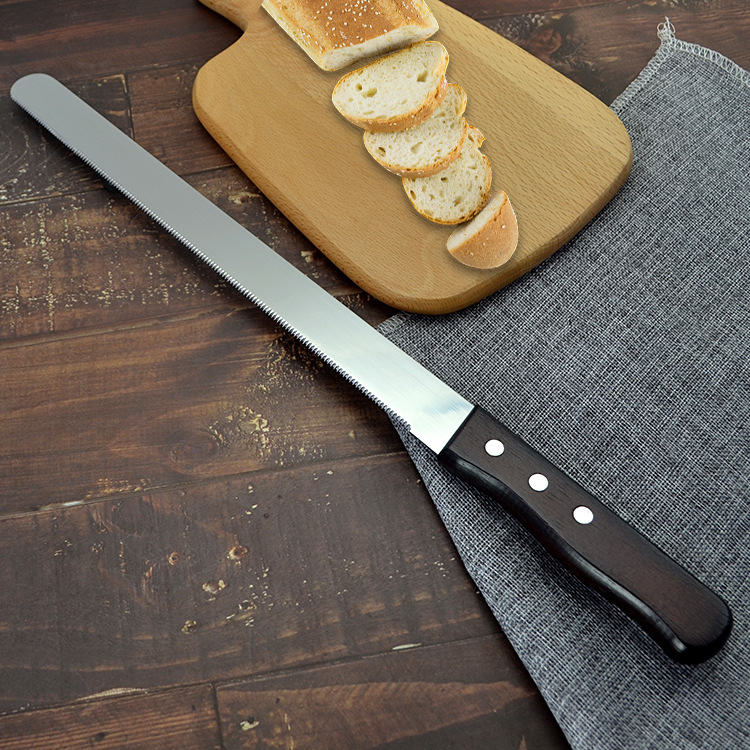 Manufacturer Supplies Cake Tools Wooden Handle Toast Slicing Fruit Stainless Steel Serrated Knife Coarse Tooth Durable Bread Knife