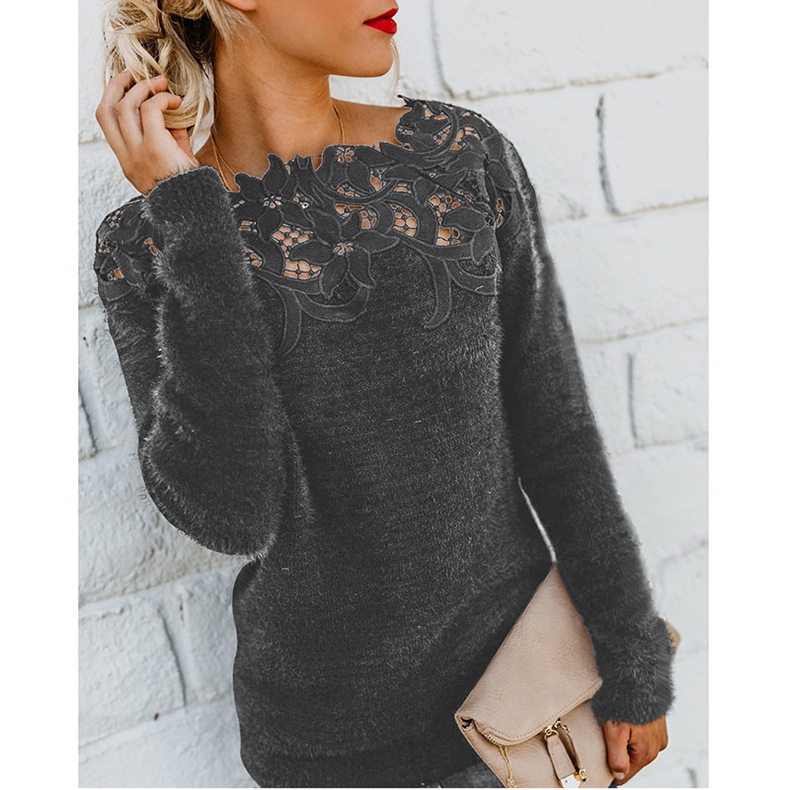 A large number of in stock Amazon ebay hot sale European and American women's solid color stitching lace long sleeve sweater OM8819