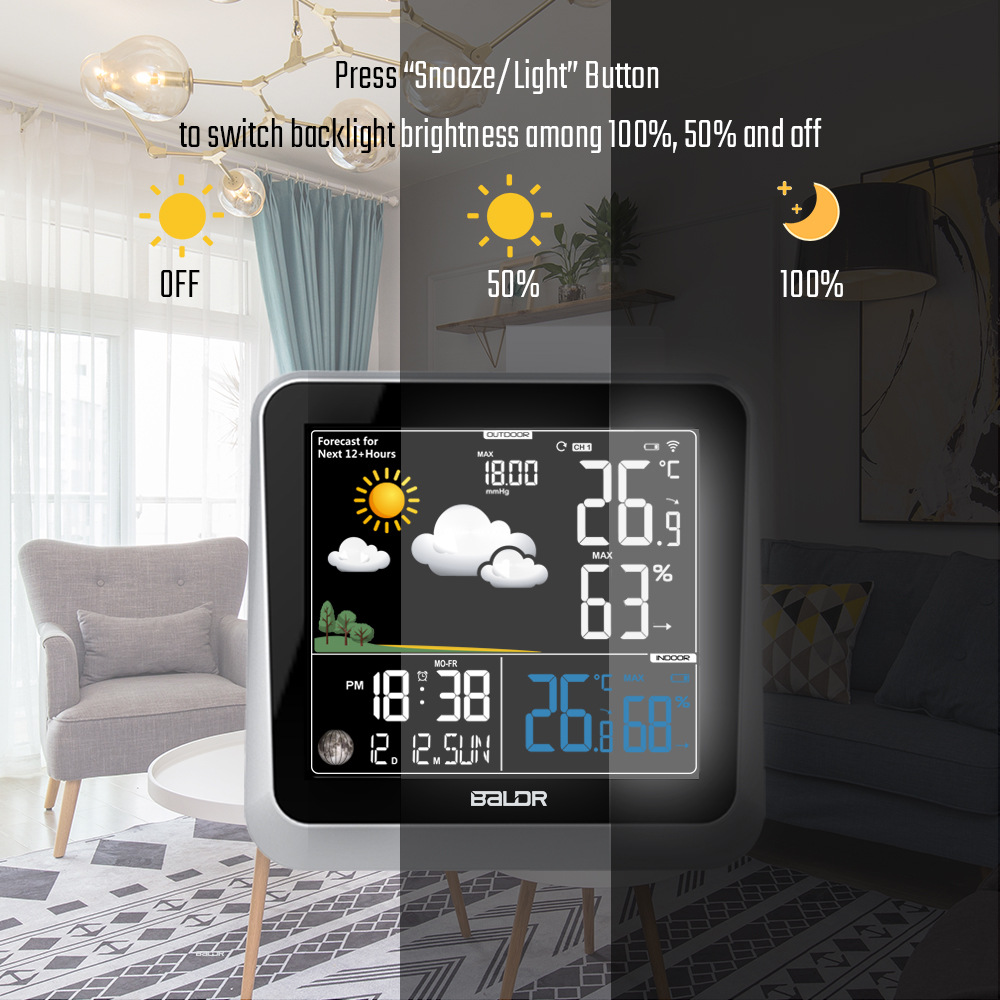 Baldr color screen weather clock wireless indoor and outdoor temperature and humidity meter LCD multi-function alarm clock barometric moon phase calendar