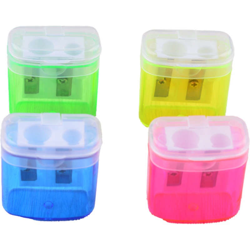 Double-Hole Plastic Pencil Sharpener with Lid, Square Pencil Sharpener, Transparent Printable Logo, Cross-Border Factory Direct Sale