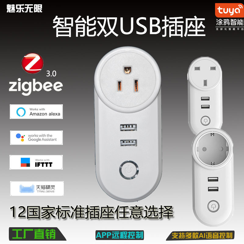 Умная розетка Zigbee с двумя USB, управление голосом Alexa, таймер, двойное управление, европейский и американский стандарт, многофункциональный