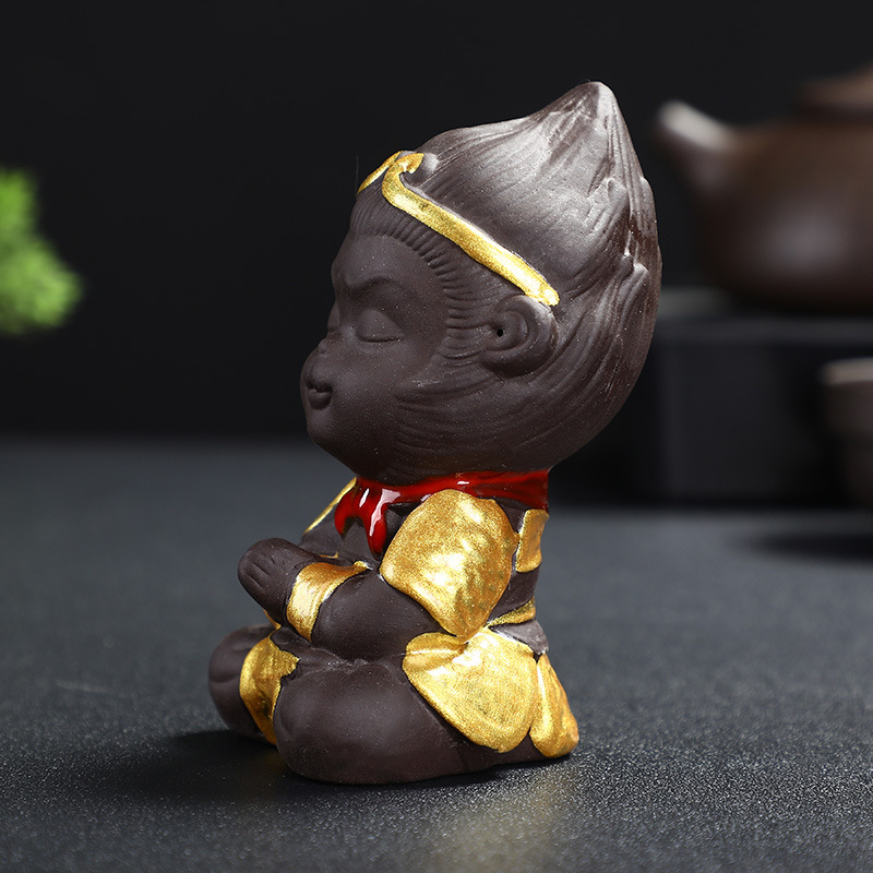 Ceramic Monkey King Painting Golden Purple Clay Tea Pet Ornaments Boutique Monkey King Tea Ceremony Accessories Fish Tank Landscape Gold Hoop Stick
