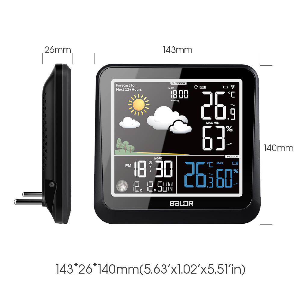Baldr color screen weather clock wireless indoor and outdoor temperature and humidity meter LCD multi-function alarm clock barometric moon phase calendar