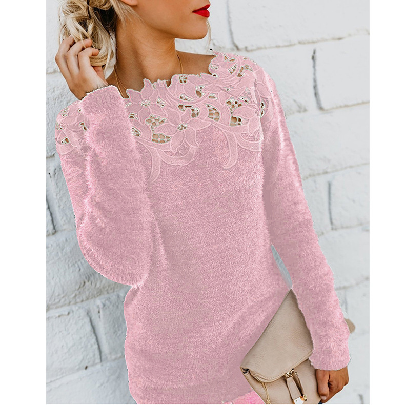 A large number of in stock Amazon ebay hot sale European and American women's solid color stitching lace long sleeve sweater OM8819