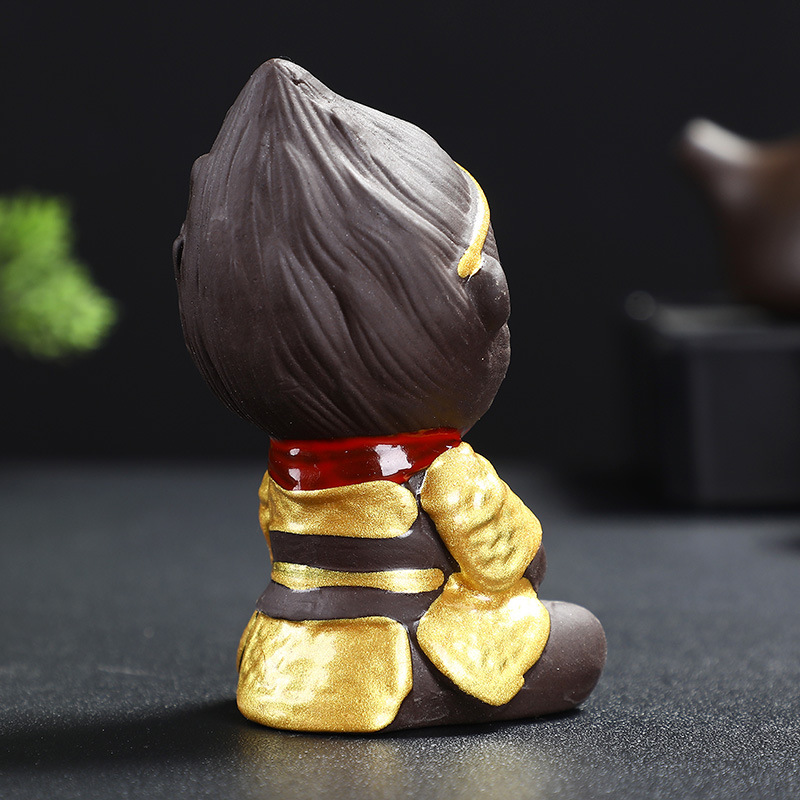 Ceramic Monkey King Painting Golden Purple Clay Tea Pet Ornaments Boutique Monkey King Tea Ceremony Accessories Fish Tank Landscape Gold Hoop Stick