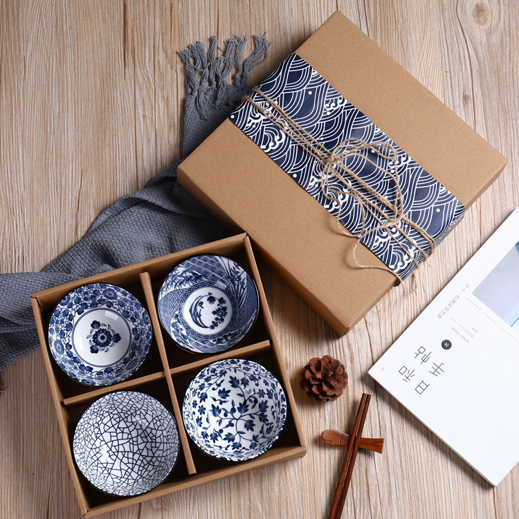 Japanese-style ceramic tableware gift Bowl set creative ceramic bowl gift box set Bowl blue and white porcelain bowl activity gift