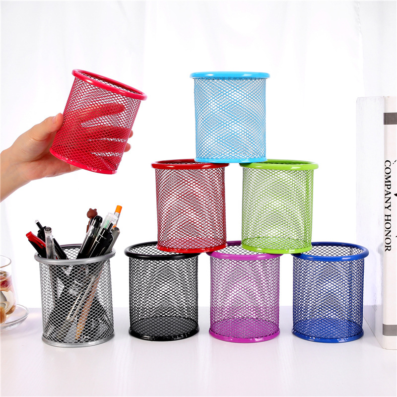 Wrought Iron Color Round Mesh Metal Square Hollow Pen Holder Student Stationery Desktop Office Supplies Storage Ornaments