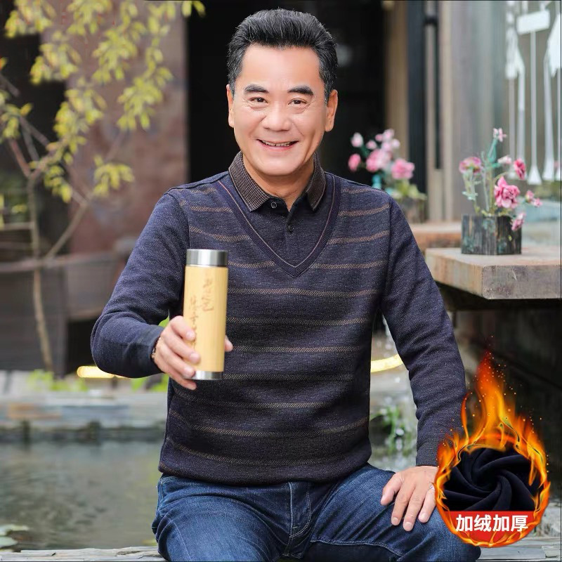 утепленный вязаный свитер для мужчин среднего возраста, теплый фальшивый двухкомпонентный свитер для мужчин и пожилых, свободный зимний теплый верх для папы