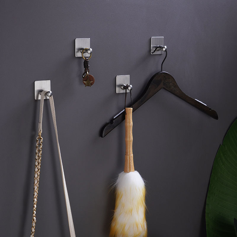 Punch-free 304 Stainless Steel Hook Self-adhesive Bathroom Kitchen Wall Square Board Hook Adhesive Hook Cross-border Amazon