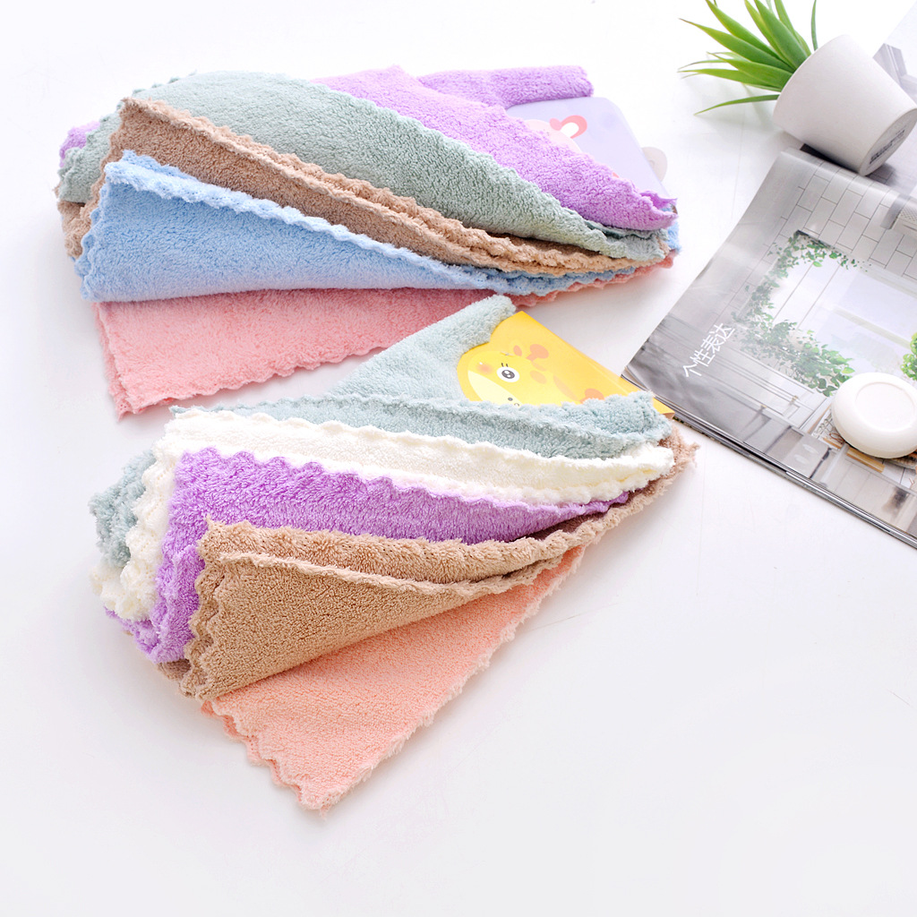 Warp knitted coral fleece lace square towel 30*30 thick absorbent soft kitchen dishwashing cloth small handkerchief logo