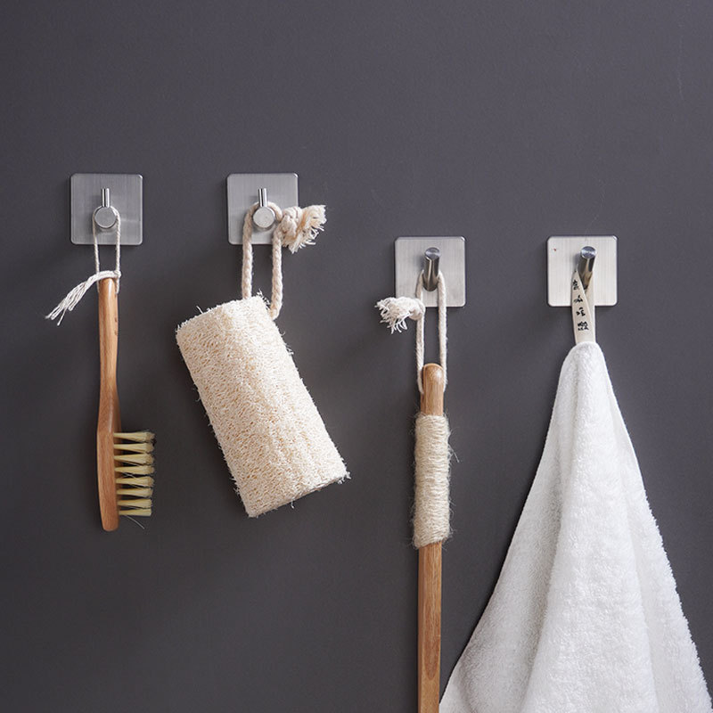 Punch-free 304 Stainless Steel Hook Self-adhesive Bathroom Kitchen Wall Square Board Hook Adhesive Hook Cross-border Amazon