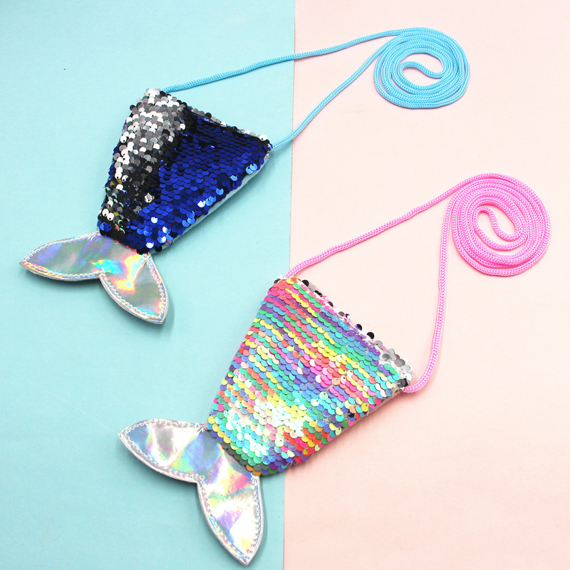 Sequin Mermaid Lanyard Coin Bag Small Wallet Kidsren's Cross-Body Bag Fish Tail Two-Color Sequin Coin Purse for Women