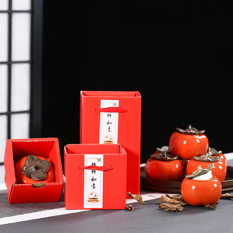Persimmon Candy Pot Persimmon Ruyi Ceramic Persimmon Candy Box Tea Pot Sealed Persimmon Tea Pot small size logo
