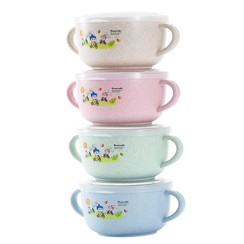 Children's bowl binaural wheat straw cartoon baby food supplement bowl plastic bowl with lid Rice Bowl set printable LOGO