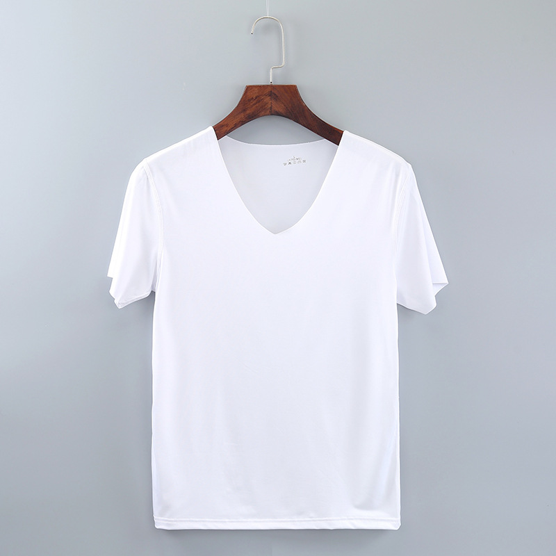 Men's Seamless T-Shirt Ice Silk Casual Half-Sleeved V Neck Bottoming Shirt Quick-Drying Short-Sleeved