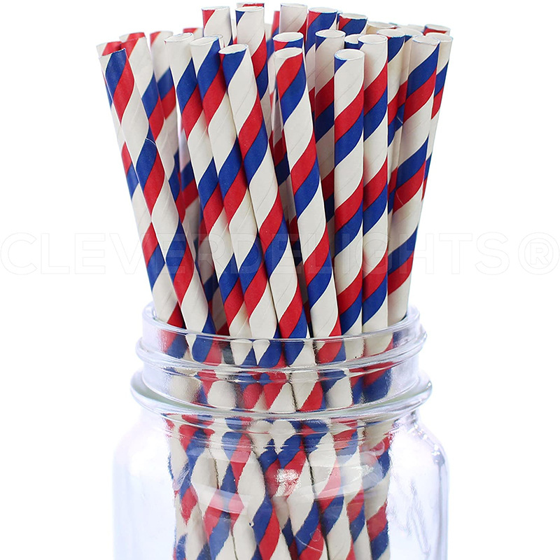 Red White Blue American Flag Independence Day Straw Red Blue Five-pointed Star Bronzing Stripe Eco-friendly Paper Straw Star Party