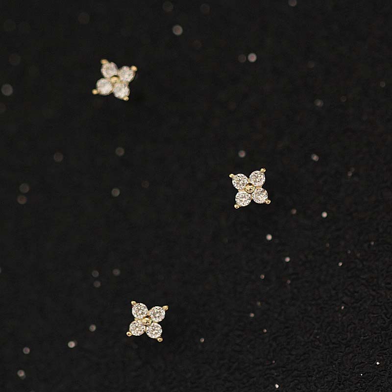 14K Gold Zirconium Diamond Four-leaf Flower Mini Simple Japanese and Korean Exquisite Girl Stud Earrings
