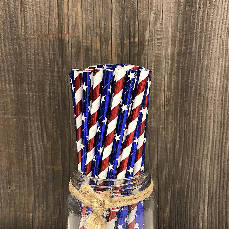 Red White Blue American Flag Independence Day Straw Red Blue Five-pointed Star Bronzing Stripe Eco-friendly Paper Straw Star Party