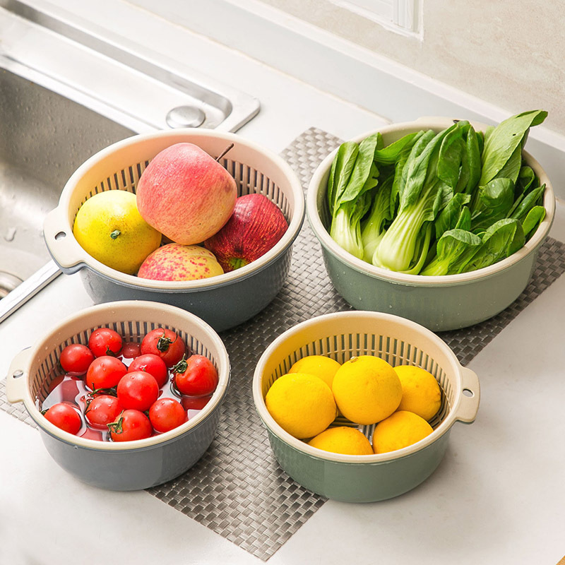 [extra large thick double drain basket] kitchen wash basket fruit basket round two-layer drain basket wholesale