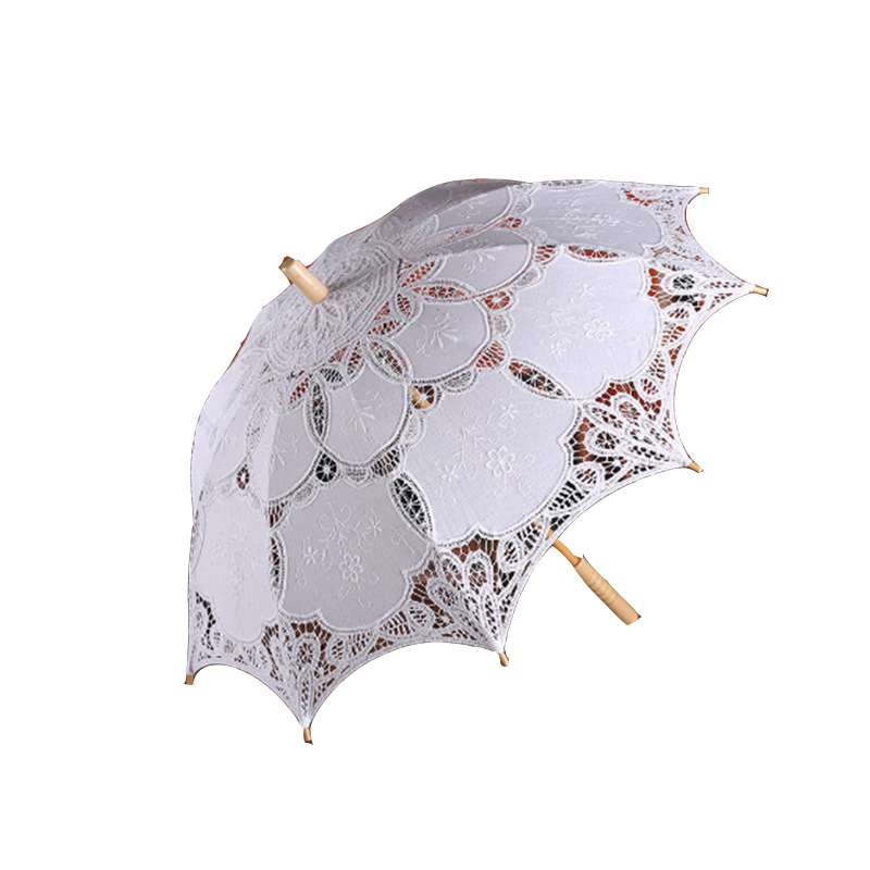 White Pure White Bridal Wedding Lace Umbrella Embroidered Cotton Umbrella European Style Wooden Handle Wedding Props Wedding Decorative Umbrella