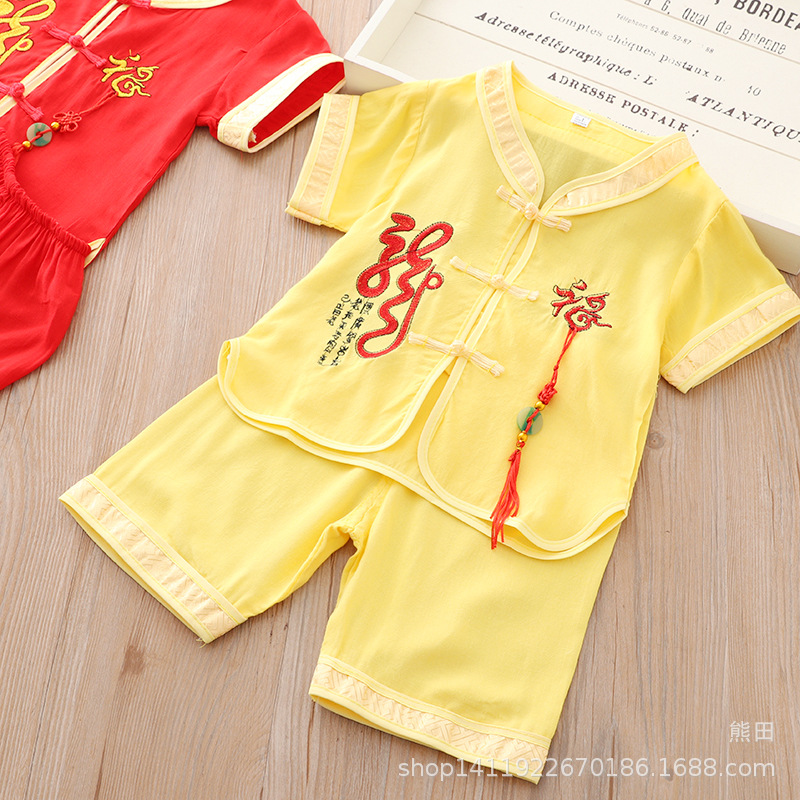 Китайский Стиль Мальчиковый Тан Suit Хлопковый Шелк Короткий Рукав Двойной Единорог Костюм для Выступлений