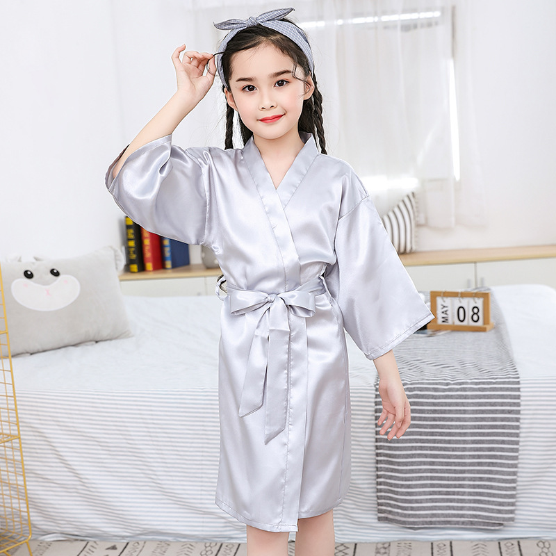 Cross-border Ice Silk children's pajamas summer thin silk-like girl's nightgown kimono middle and big children's homewear bathrobe