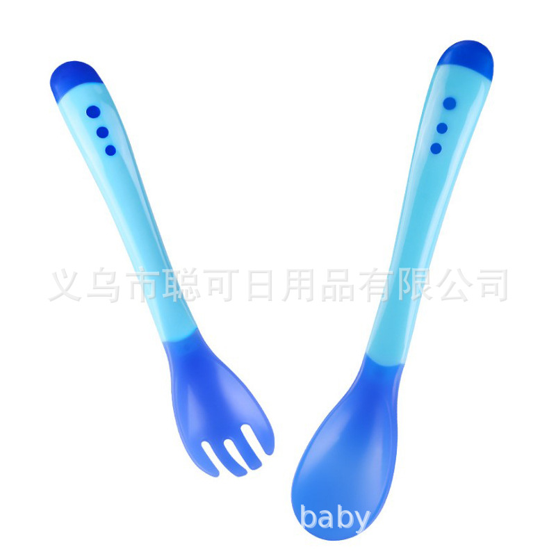 Factory direct baby temperature spoon children's soft head discoloration spoon Fork baby eating small spoon tableware bulk single